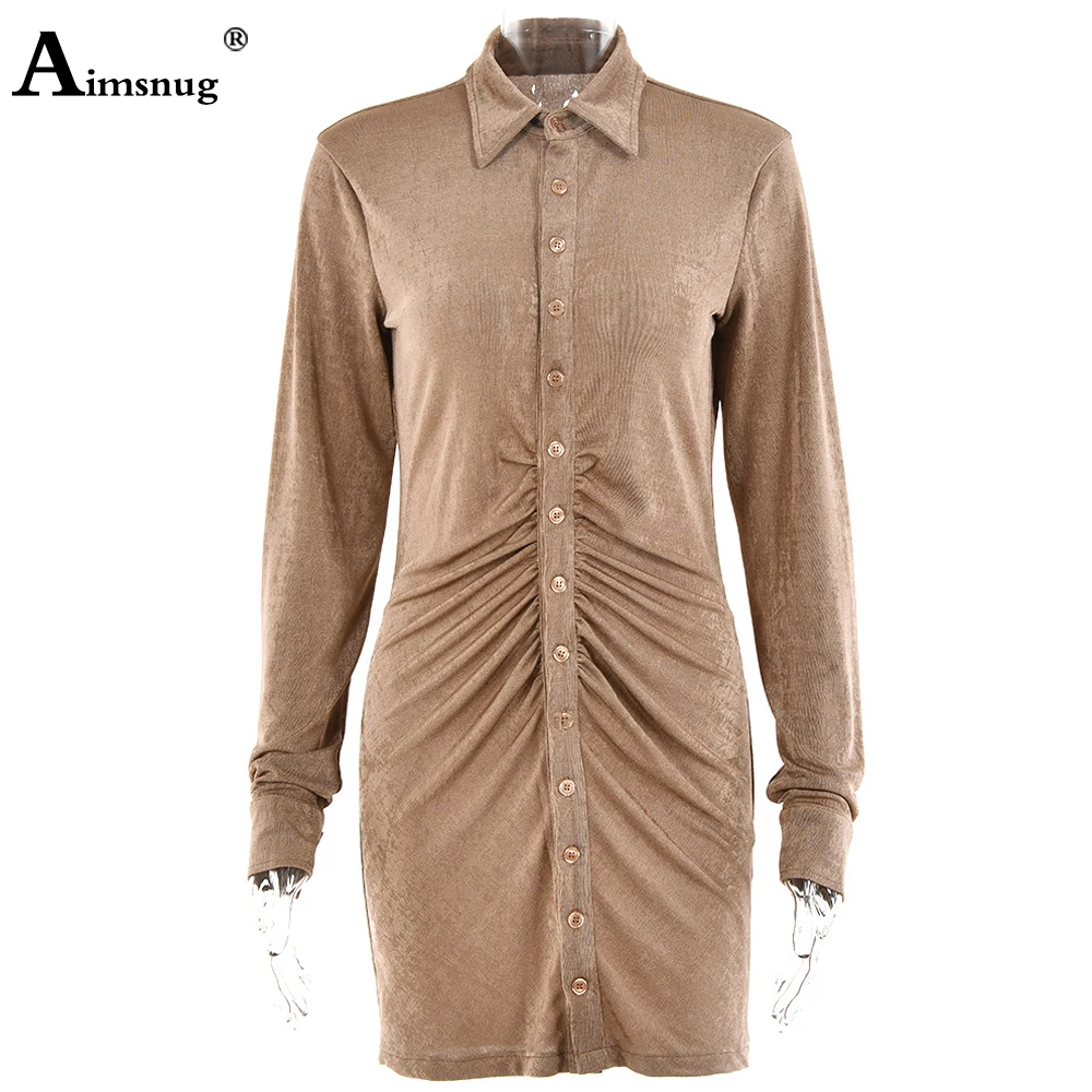 

Long Sleeve Women Elegant Short Dress Single-Breasted Lepal Collar Party Dresses Vintage 2021 Pleated Buttons Casual Mini Dress