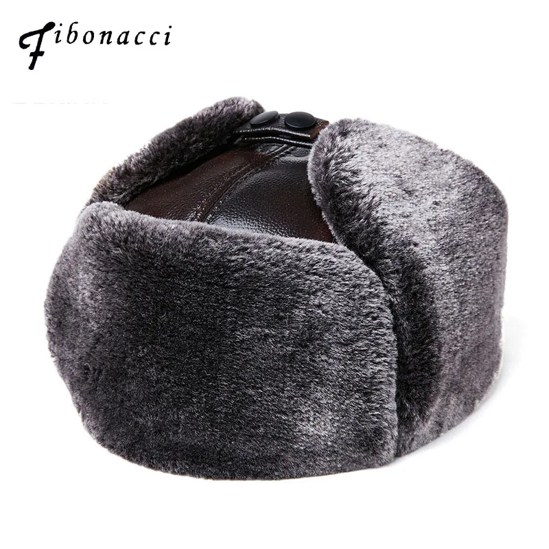 Fibonacci Men's Hat Winter Cowhide Leather Brand Quality Genuine Leather Fur Hat Pom Ear Protect Bomber Hats Russian Ushanka Cap
