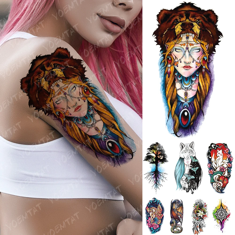 

Waterproof Temporary Tattoo Sticker Old School Wolf Beast Blonde Beauty Flash Tattoos Tree Body Art Arm Fake Tatoo Women Men