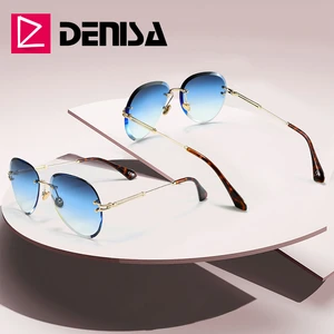 DENISA Fashion Blue Rimless Sunglasses Women 2019 UV400 Luxury Aviation Ladies Sunglasses Glasses Sh in Pakistan
