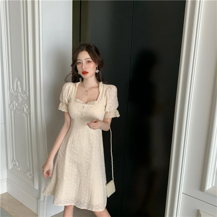 

YOCALOR New 2020 Summer Women Dresses Square Collar Lantern Sleeve Lace Elegant Vintage Casual Hollow Out Floral Dress