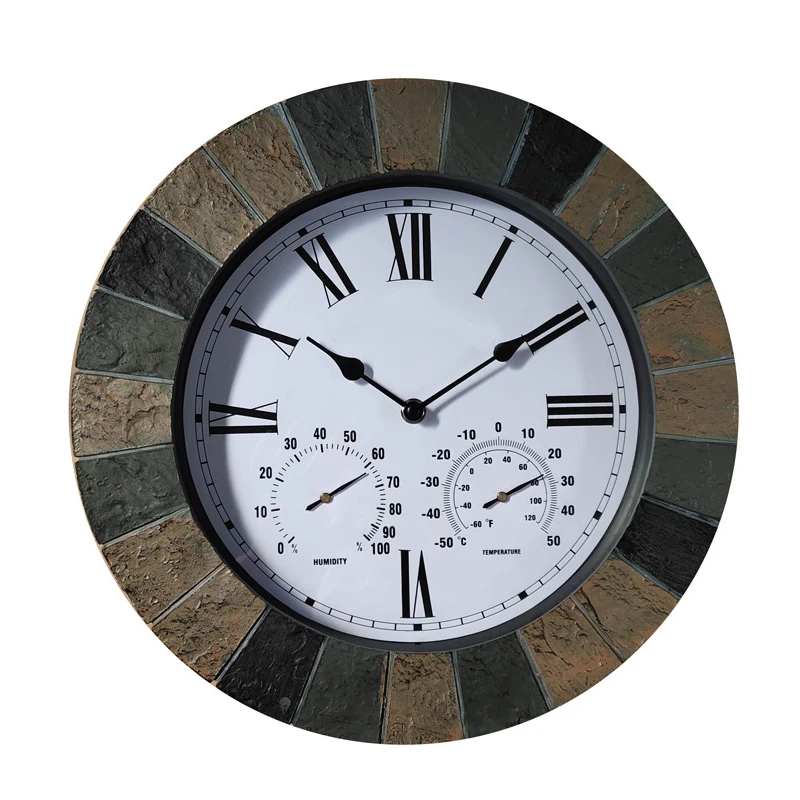 

Large Modern Slate Effect Rustic Indoor/Outdoor Wall Clock Decorative Fence Ornament Thermometer Hygrometer Weatherproof