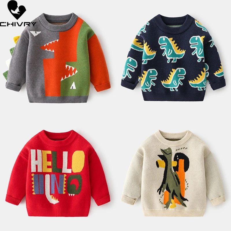

New 2020 Kids Children Pullover Sweater Autumn Winter Boys Cute Cartoon Dinosaur O-neck Knitted Jumper Sweaters Tops Clothing