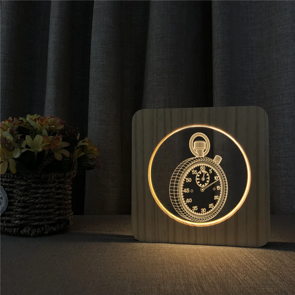 Pocket Watch 3D LED Arylic Wooden Night Lamp Table Light Switch Control Carving for Children's Room Holiday Gifts | Освещение