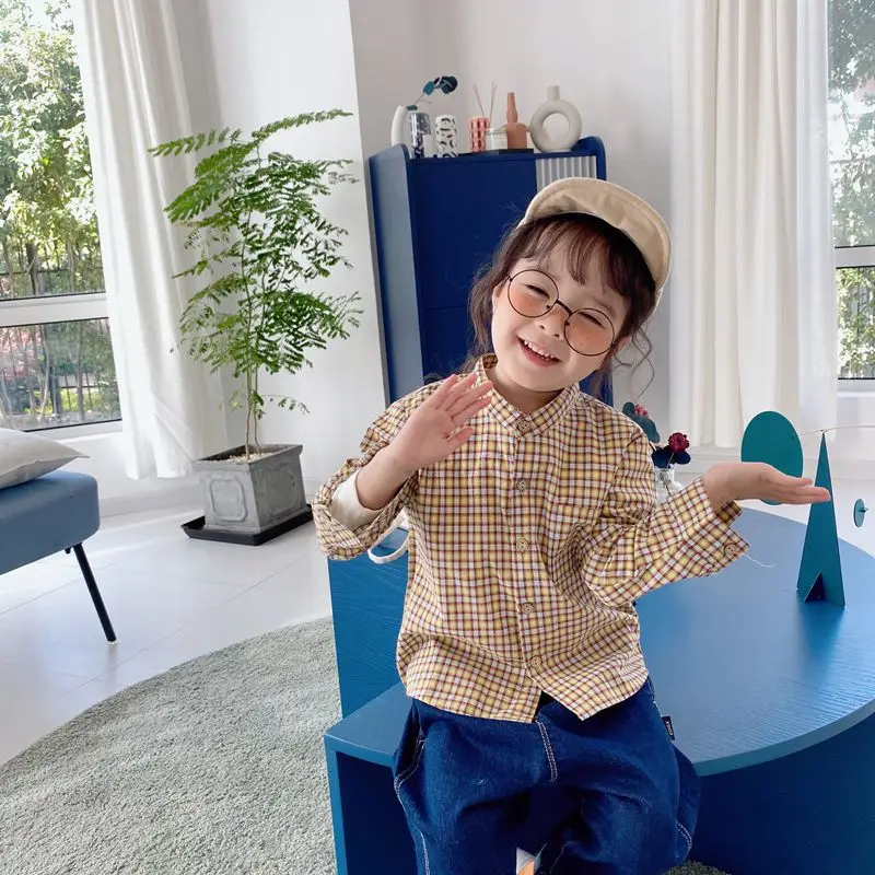 WLG/рубашки для мальчиков и девочек Детская модная рубашка в клетку желтого синего