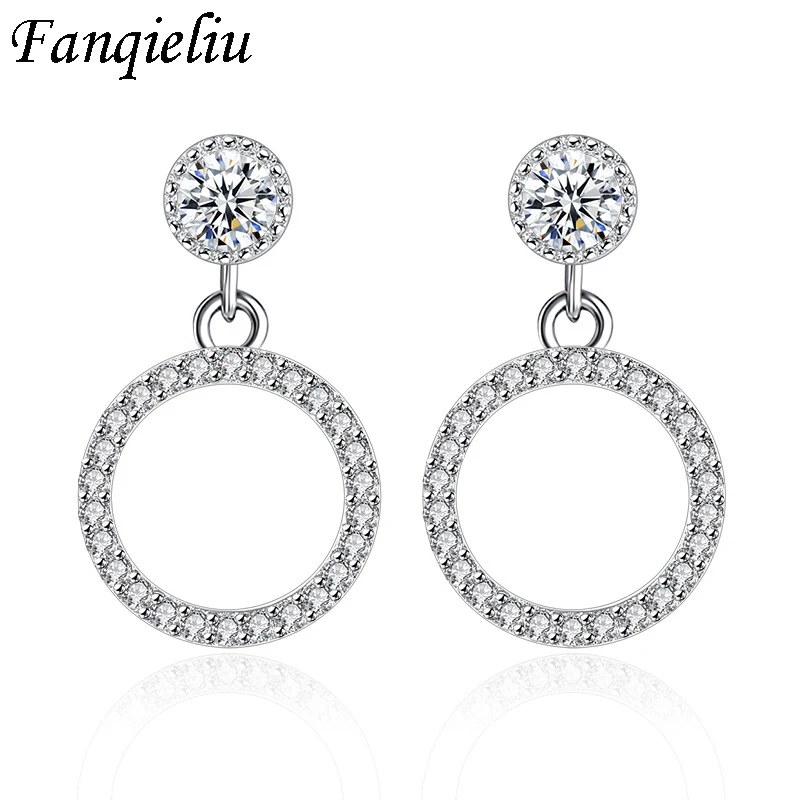 

Fanqieliu Luxury Crystal Jewelry Round Dangle Real 925 Sterling Silver Drop Earrings For Women FQL21058