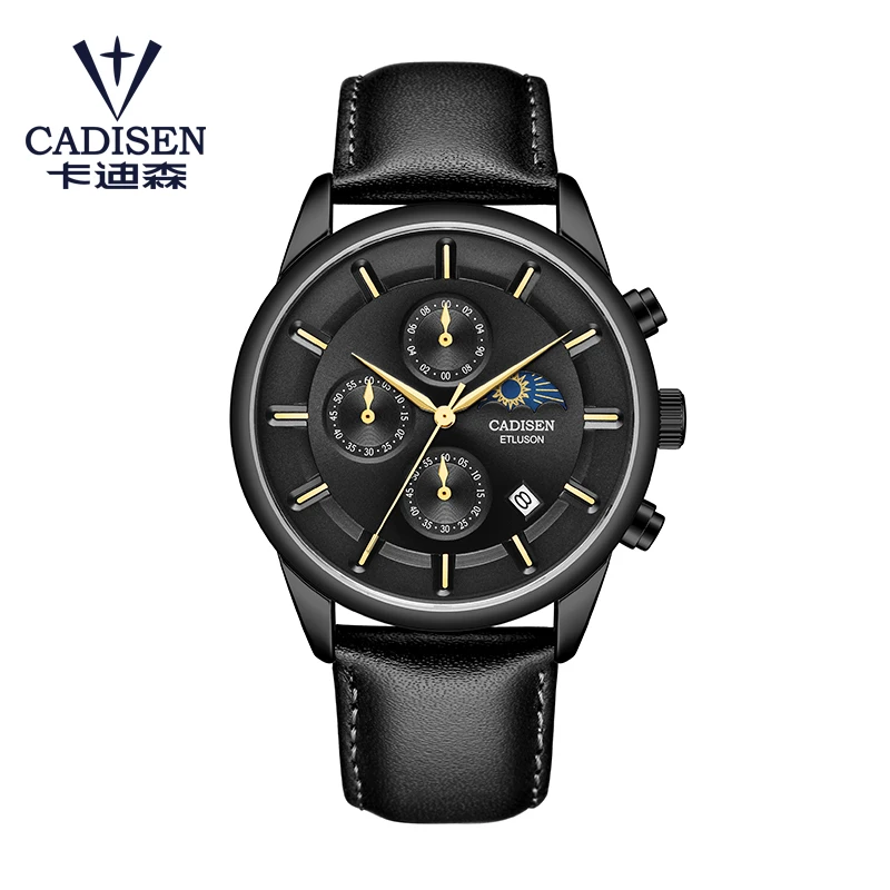 BLACK WRISTWATCH CADISEN часы Мужские лучший бренд класса люкс мужские модные часы с кожаным ремешком в стиле кэжуал Кварцевые водонепроницаемые наручные часы Moon Phase Relogio Masculino - Цвет: BLACK WRISTWATCH