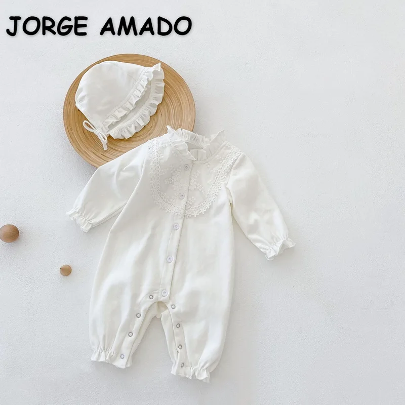 

2021 New Autumn Baby Girls Romper Long Puff Sleeve White Lace Single Breasted Jumpsuit Baby Clothing 0-2 Years E4002