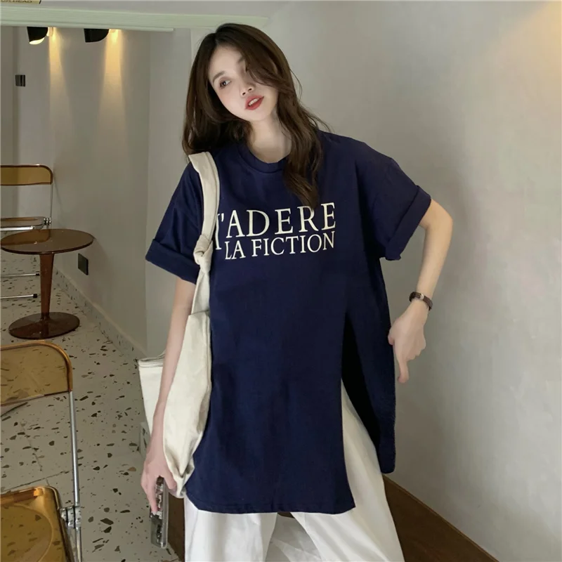 Футболка меньшего сорта Тибетский синий Свободный Топ средней длины с коротким