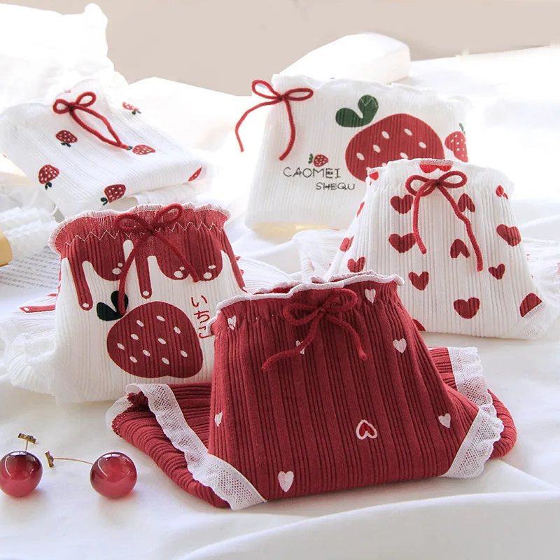 

Cartoon Love Strawberry Seamless Underwear Women's Cotton Mid Waist Briefs Girls Underwear Briefs Lingerie Tanga Christmas Gift