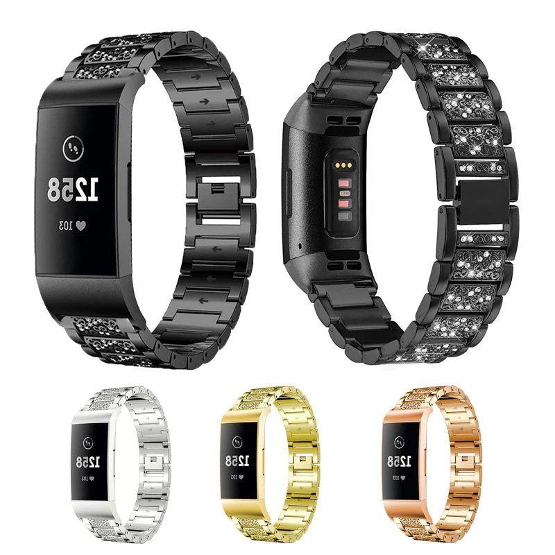 

Браслет из нержавеющей стали для часов Fitbit Charge 3, металлический Регулируемый браслет со стразами, Часовые аксессуары