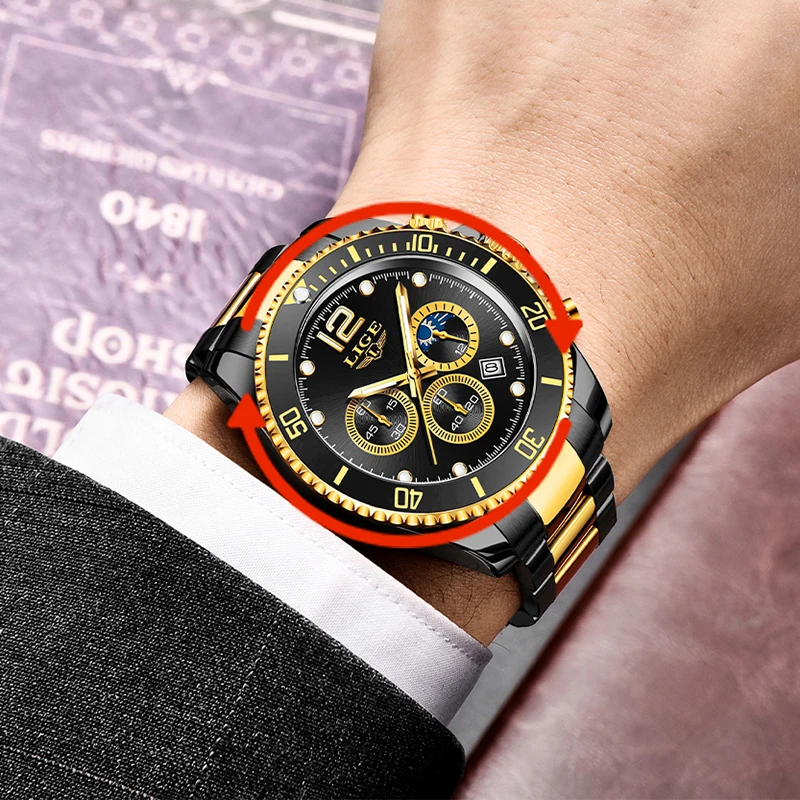 

LIGE 2021 Men Watches Top Luxury Brand Men's Watch Clock Waterproof Sports Chronograph Moon Phase Wristwatch Montre Homme Reloj
