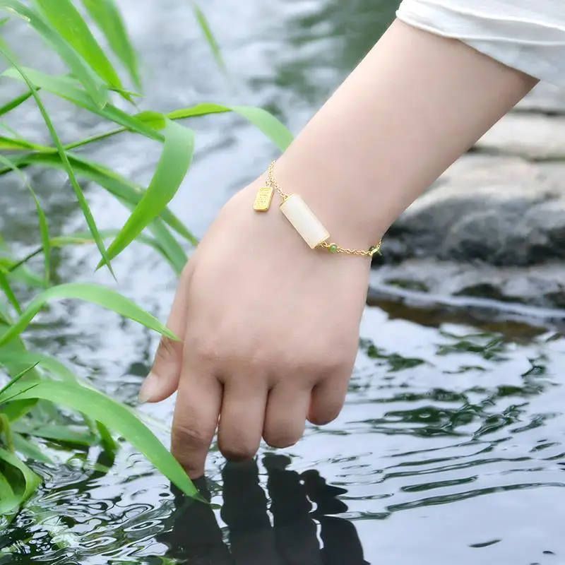 

[Xia Rou] Natural Hetian Jade White Jade White Jade Retro Artistic Bracelet 925 Silver Non-Fading Inlaid Jasper