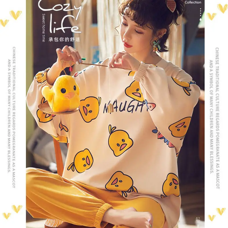 Korean Style Pajamas Spring and Autumn New Long-sleeved Trousers Loose Girl Sweet Student Pajamas Home Service Two-piece Suit