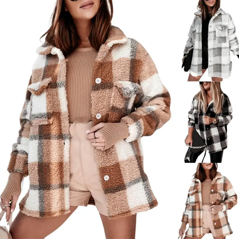 

Женское однобортное пальто в клетку, Офисная куртка с отложным воротником и карманами, Осень-зима, Прямая поставка