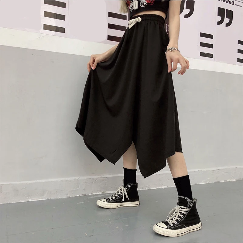 

Korean Harajuku Women Empire A-Line Skirt Casual Vintage Vogue Solid Mid-Calf Skirts Sweet Kawaii Bow High Waist Loose Skirt