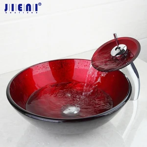 JIENI красная Роскошная раковина из закаленного стекла, Набор смесителей для раковины, подходящая ко всему столешница для крана, чаша для сосудов, стеклянный смеситель для раковины