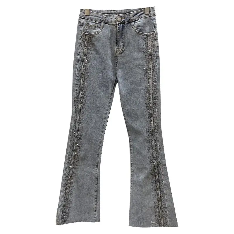 

Side Drill Hot Drilling Edge Elastic Flare Jeans Pants 2021 Summer New Fashionable Slim Jeans