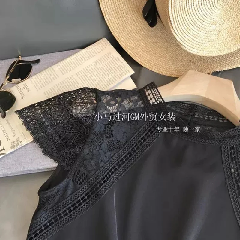 

Ladies Chinese Style Vintage Short Dress Sexy Lace Short Sleeve Stitching Black Loose Casual A-Line Dresse Women 2021 Summer New