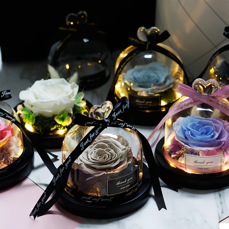 

Natural Dried Flowers The Beauty And Beast Eternal Real Rose in Glass Dome With LED Valentine Wedding Christmas Home Decor Gift