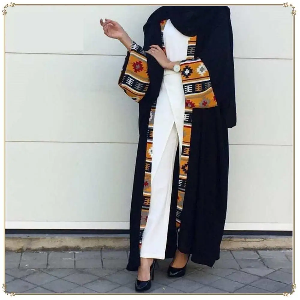 

Islamic Moroccan Print Stitching Lacing Cardigan Robe Dubai Middle East Ladies Jeleba Muslim Ladies Abayas Fashion Robe
