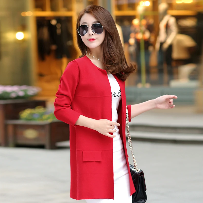 

Autumn Winter Fashion New Sleeve Sweaters Womens Red Gray Long Knitted Female Cardigan Women's Trench Size 2XL 3XL