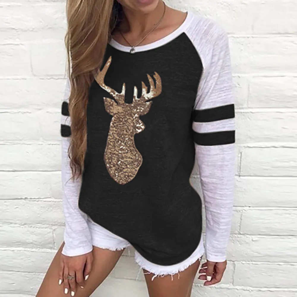 Женская рождественская Футболка с принтом лося размера плюс рождественские топы