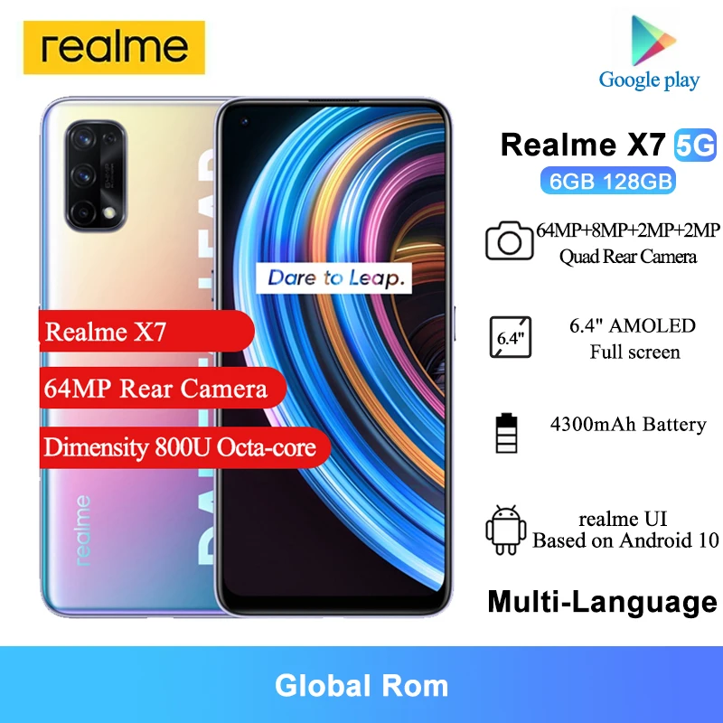 

Realme X7 5G Smartphone 6GB RAM 128GB ROM 6.4 Inch FHD+ Dimensity 800U Octa-core 64MP Rear Camera 4300mAh Android 10 Mobile Phon