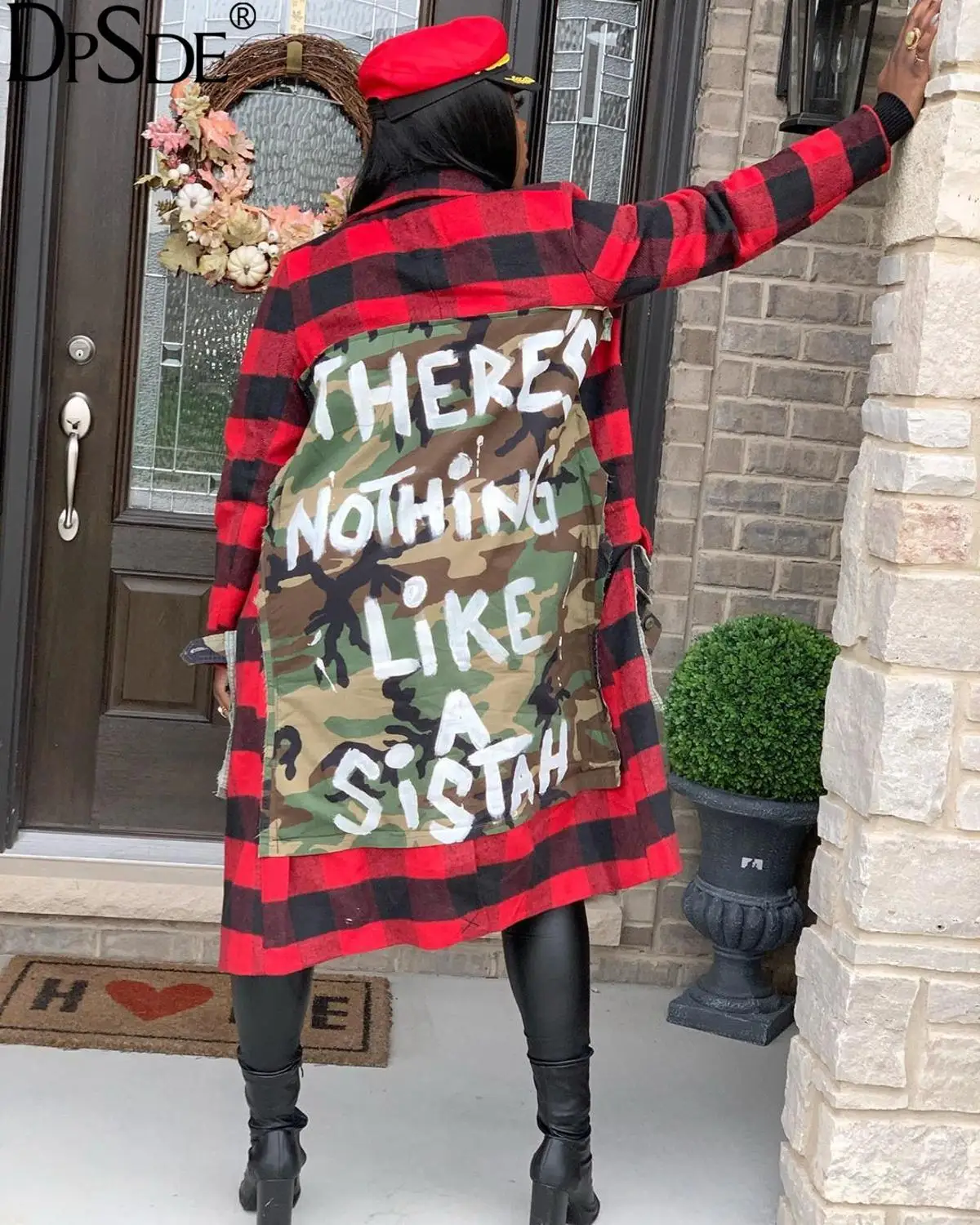 Женское Удлиненное пальто DPSDE красное с длинным рукавом надписями Повседневная