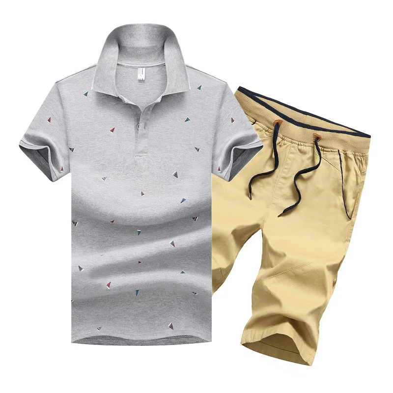 Grey Khaki FK082 Летняя мужская рубашка поло с коротким рукавом, поло в горошек+ шорты, мужской костюм из Джерси, дышащий комплект из 2 предметов, топ и шорты, спортивные костюмы для мужчин - Цвет: Grey Khaki FK082