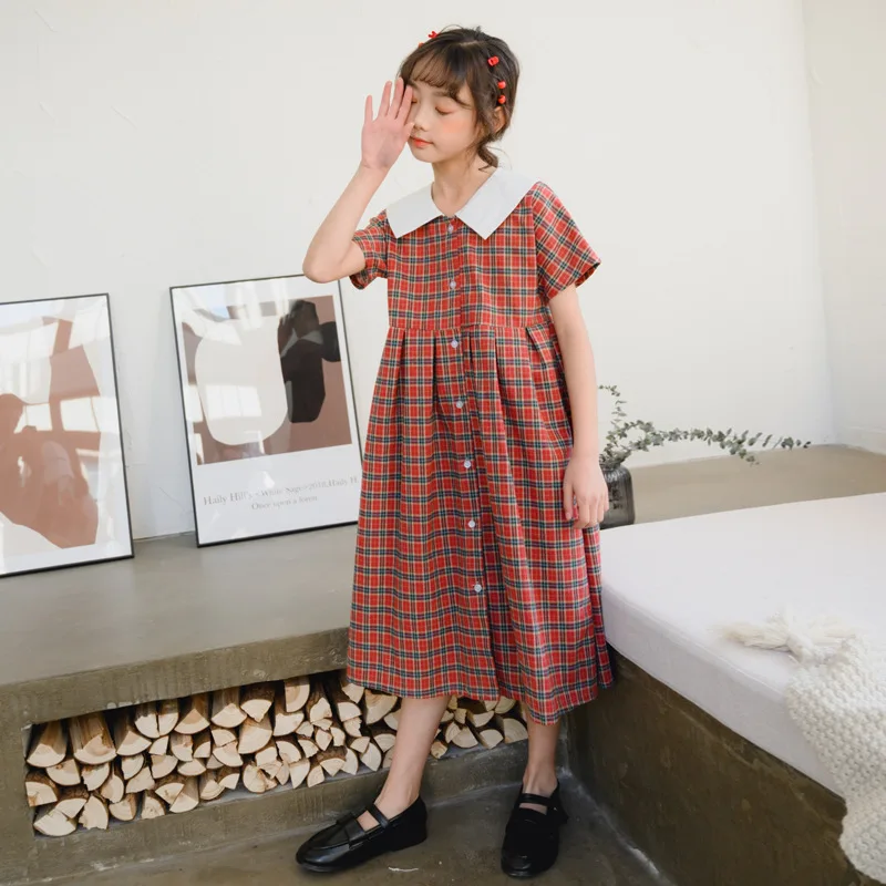Spring Summer 2020 New Plaid Retro Leisure Fashion Lapel Girl's Dress Children's Clothing Girls Costumes Kids Costume | Детская
