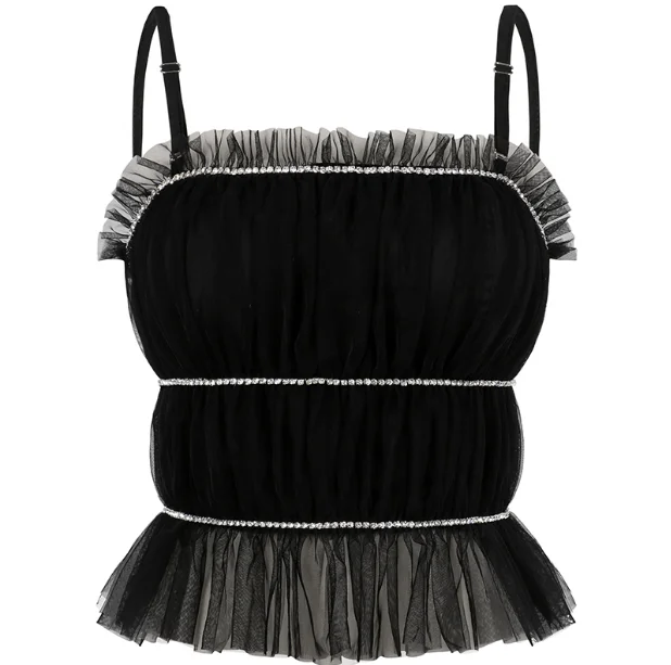 Rhinestone Mesh Camisole Women's Slim Fit Short Pleating Sling Shirt Sexy Crop Top Girls Ladies Blusas Mujer 2021