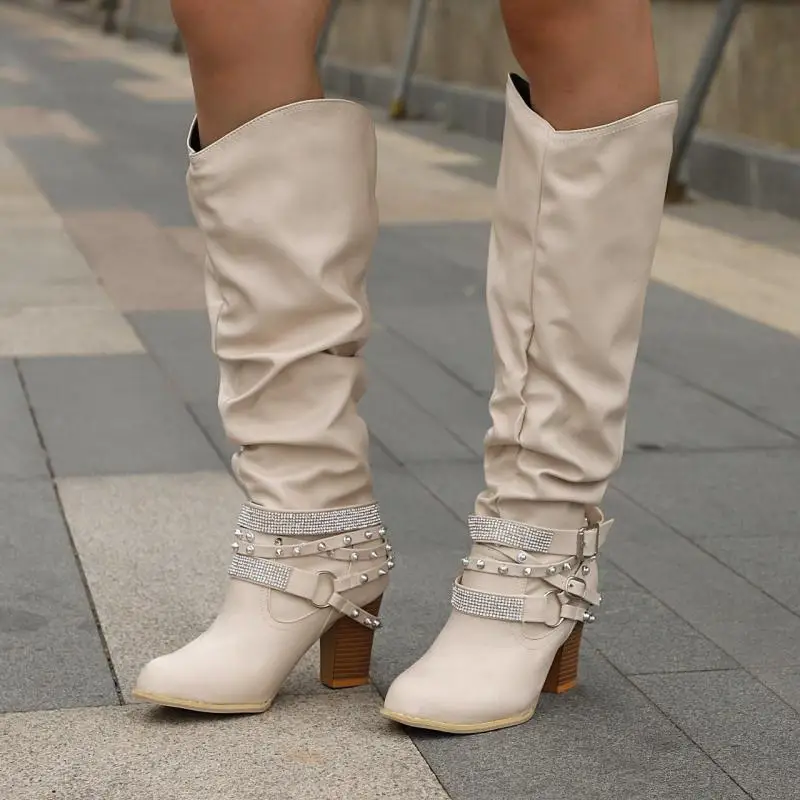 

2021 New Women's High Boots Pure Color Shallow Pointed Square Heel Knee-length High Boots Women's Thick-soled Boots Leather