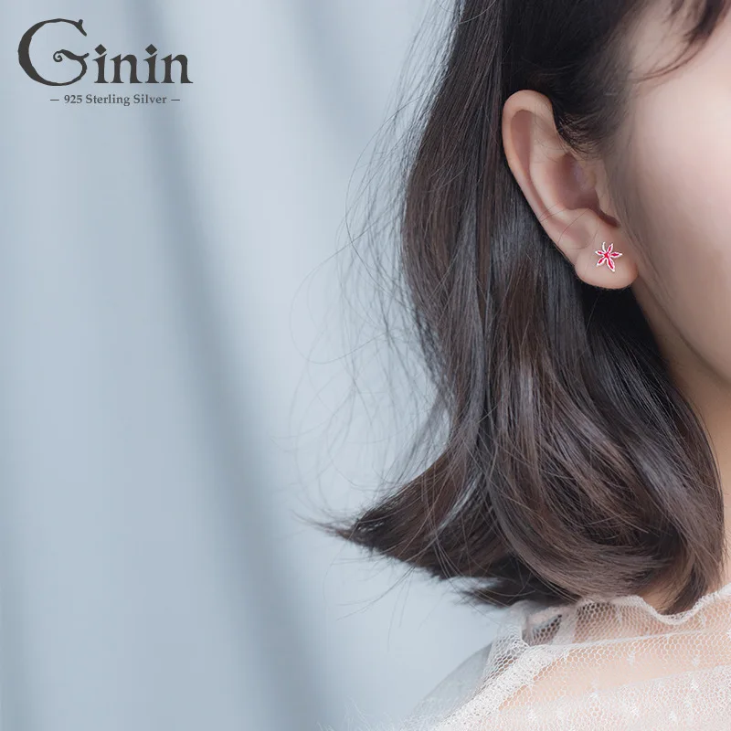 

Ginin 925 Sterling Silver Stud Earrings for Women Korean Fashion Sweet Red Maple Leaf Ear Elegant Artistic Leaves Ear Jewelry