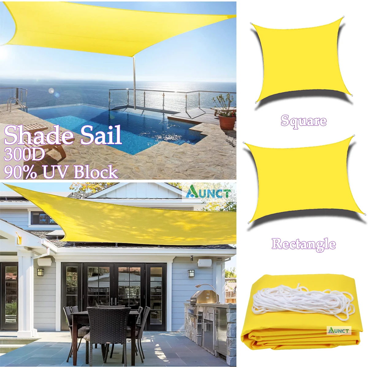 

300D Yellow Waterproof Shade Sail Square Rectangle Sunshade Garden Terrace Canopy Swimming Sun Shade Camping Yard Sail Awning