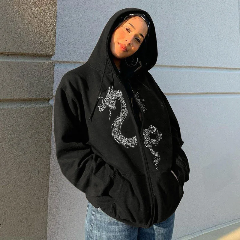

Causal Dragon Pattern Hot Rhinestone Sweatshirt Women Hooded Long Sleeve Loose Zipper Coat 2021 New Hip Hop Streetwear Hoodies