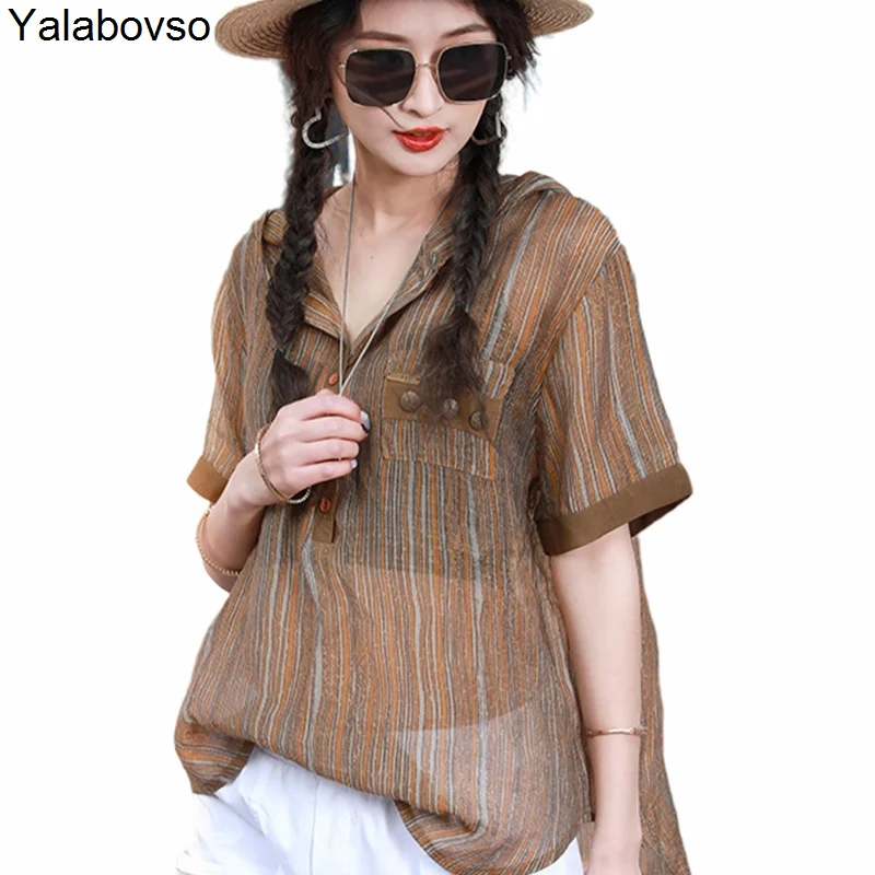 Футболки и топы свободного размера полосатые хлопковые футболки с капюшоном