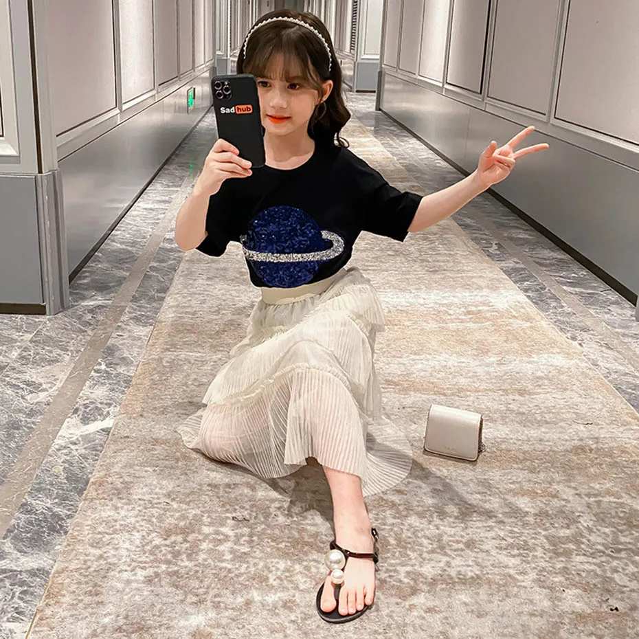 Летняя одежда для девочек футболка с блестками + юбка Повседневная стильная