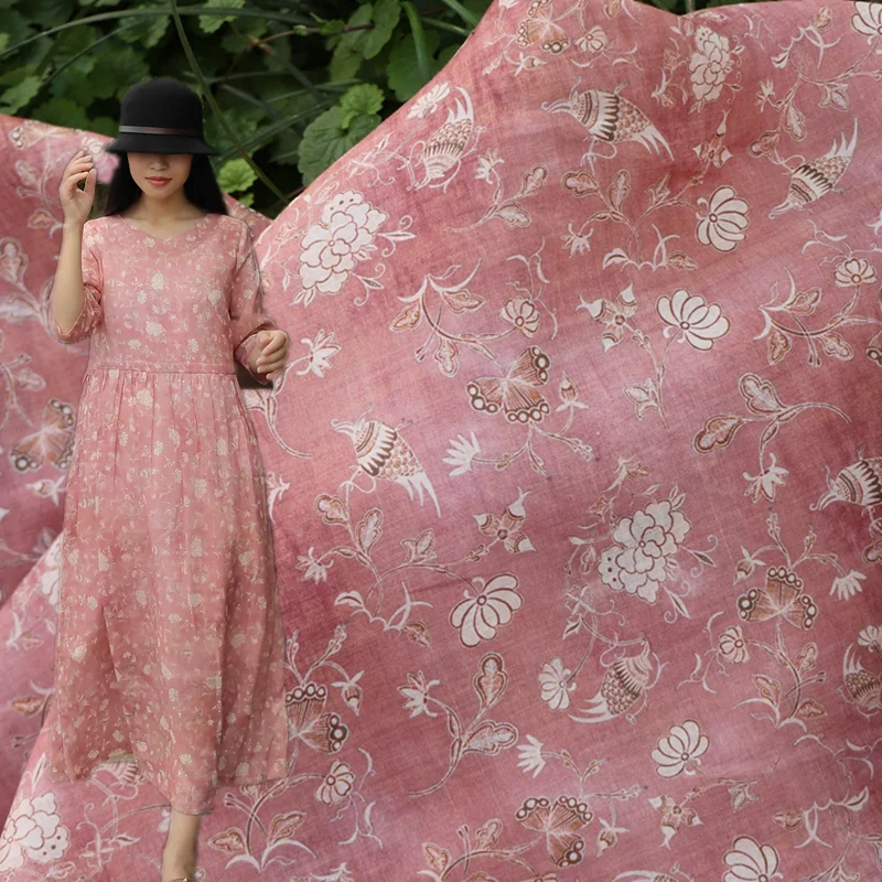 

Skinpowder Natural Pure ramie Linen cloth Printed fabric for dress robe Summer thin Chinese style diy handmade Sewing DIY