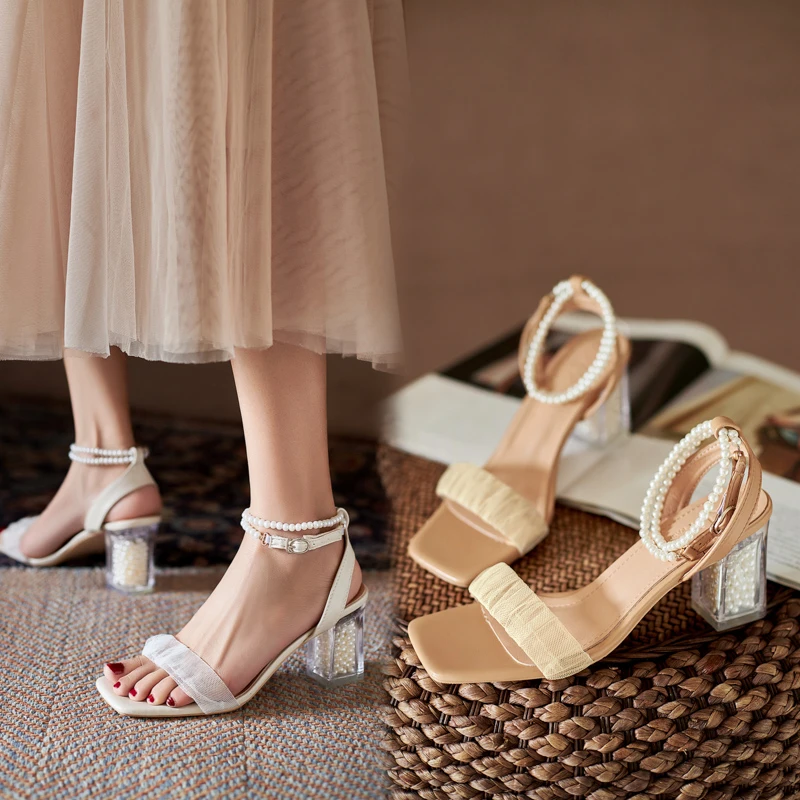 

Brand Elegant High Heels Shoes Women Sandals 2021 Fashion String Bead Heels Women Summer Party Dress Shoes Thick Heel Sandals
