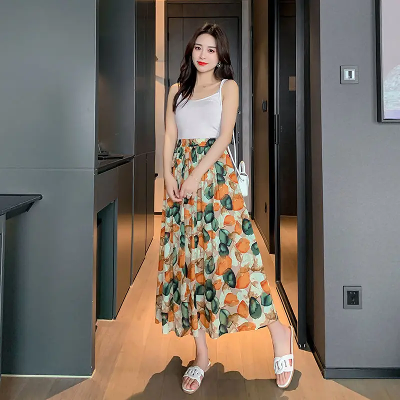 

Summer cotton hemp skirt A-line retro versatile skirt soft floral high waist thin pleated skirt[Finished on April 15]