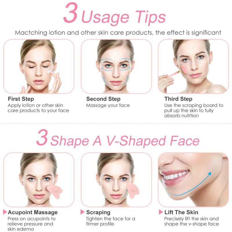 

3Pcs/Lot Facial Massage Roller Guasha Board Set Face Lifting Massage Rose Quartz Massage Roller