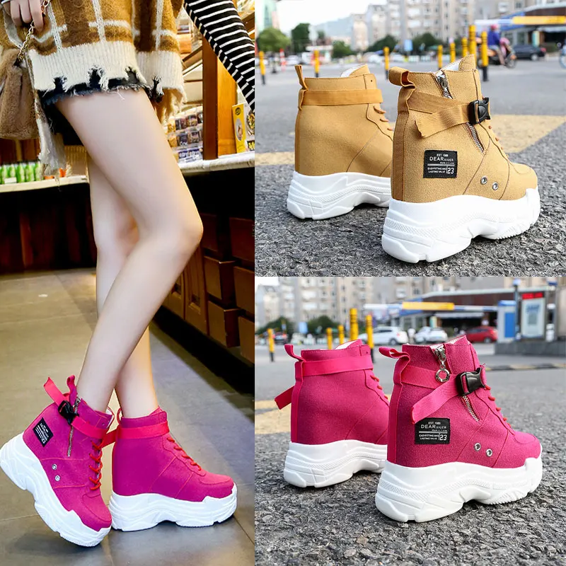 Осенне-зимние женские ботильоны обувь на платформе женские ботинки из искусственной замши на высоком каблуке 11 см, увеличивающие рост кроссовки 34-39