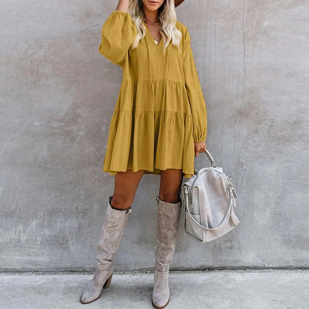 Женское платье трапеция с рюшами однотонное Свободное v образным вырезом и