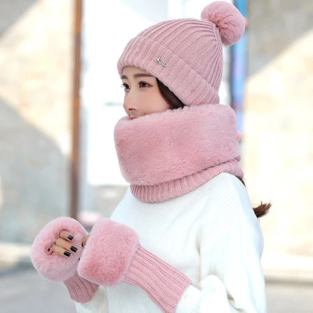 pink HT2671 осенне-зимний комплект женская вязаная шапка шарф перчатки Комплект Дамская Толстая теплая меховая шапка шарф перчатки женские зимние аксессуары - Цвет: pink