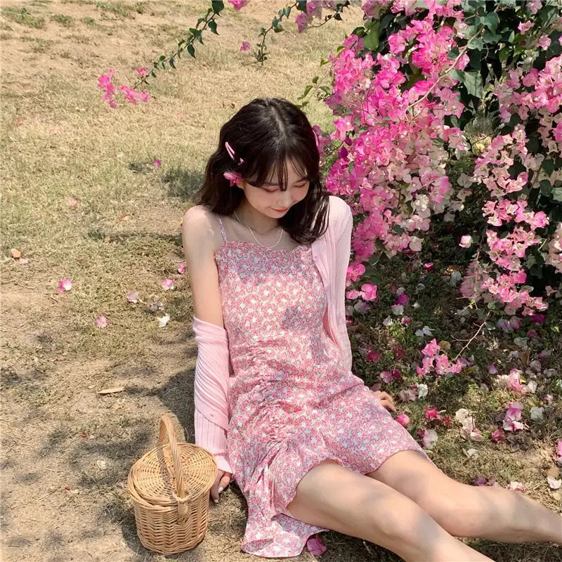 

New in our shop Sweet and spicy floral sling dress suit women summer new thin sunscreen cardigan drawstring waist short skirt