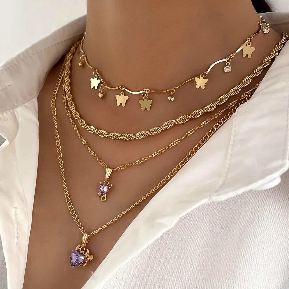 

Shine Crystal Heart Charm Twisted Chain Necklaces For Women Gold Color Metal Butterfly Choker Necklace Sets Wedding Jewelry Gift