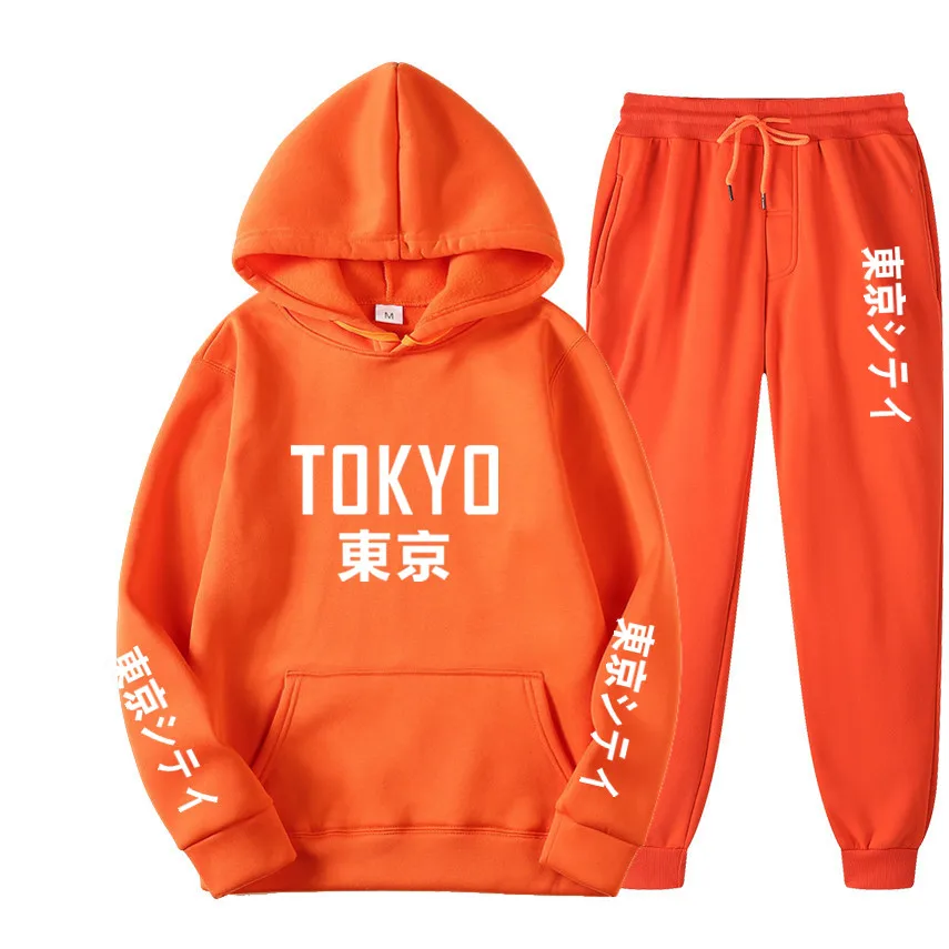 

Men Women Hoodie 2 Piece Set Harajuku Tracksuit Suit Tokyo Print Tracksuit Casual Sweatshirt Fleece Pants Sport Pullover