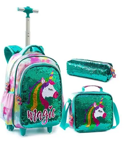 Школьный комплект с колесиками, сумка для ланча, пенал с блестками, школьный рюкзак на колесиках для девочек, студенческий рюкзак