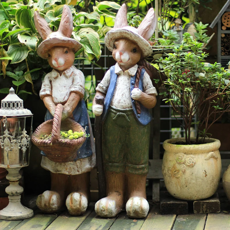 

Vintage Creative Resin Rabbits Figurine Home Decor Crafts Room Decoration Objects Outdoor Villa Garden Rabbits Animal Statue